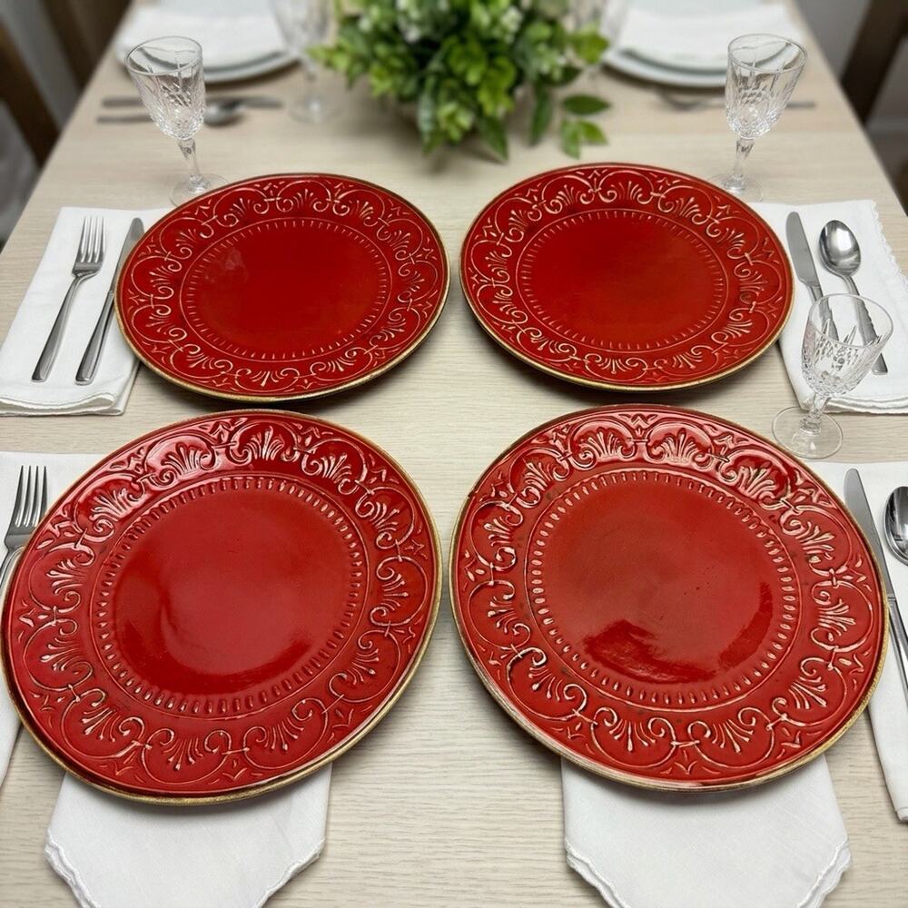 Majoliche Jessica Italy Plates Set 4 Red Ceramic Embossed Scroll Tuscan Decor